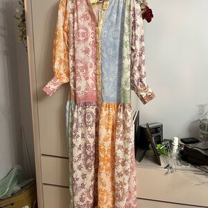 Blue and Green Asymmetrical Tiered Sundress with Bishop Sleeves